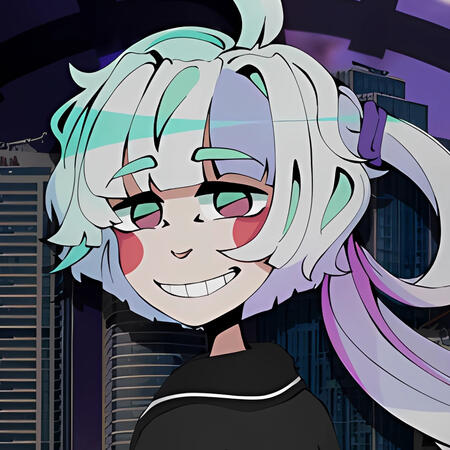person with white hair, red eyes, black fingernails, and a white shirt; their name is say. they are not human c: